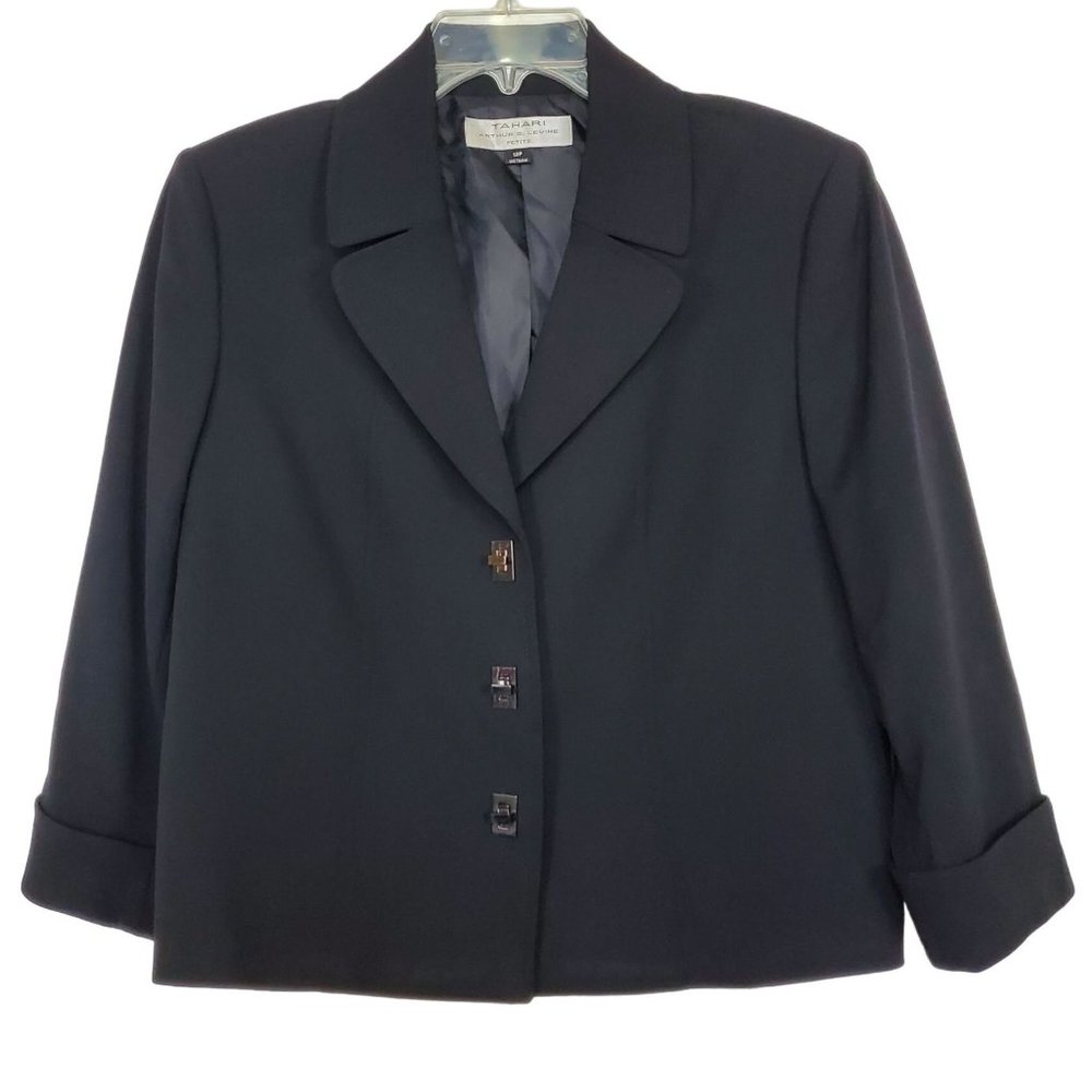 Tahari Arthur S. Levine Womens Blazer sz 12 Petite Black front closure
